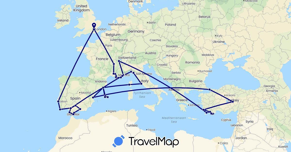 TravelMap itinerary: driving in Switzerland, Spain, France, United Kingdom, Gibraltar, Greece, Italy, Monaco, Portugal, Turkey (Asia, Europe)